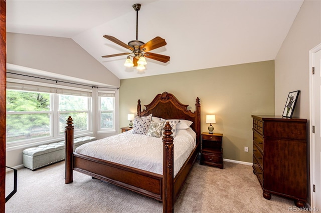 9846 Spring Hill Ln, Highlands Ranch, CO 80129 - bedroom with vaulted ceiling, light colored carpet, and a ceiling fan