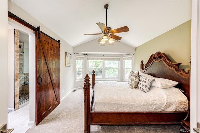 9846 Spring Hill Ln, Highlands Ranch, CO 80129 - bedroom featuring vaulted ceiling, a barn door, carpet flooring, and ceiling fan