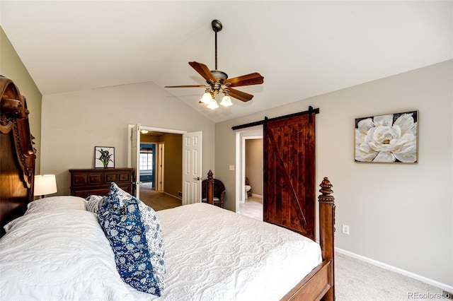 9846 Spring Hill Ln, Highlands Ranch, CO 80129 - bedroom featuring light colored carpet, a barn door, vaulted ceiling, and a ceiling fan