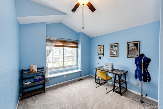 9846 Spring Hill Ln, Highlands Ranch, CO 80129 - office space with carpet floors, vaulted ceiling, and ceiling fan
