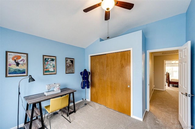 9846 Spring Hill Ln, Highlands Ranch, CO 80129 - home office featuring lofted ceiling, carpet floors, and a ceiling fan