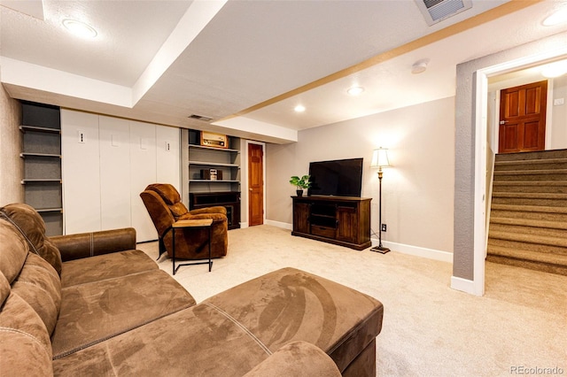 9846 Spring Hill Ln, Highlands Ranch, CO 80129 - carpeted living area featuring stairway and recessed lighting