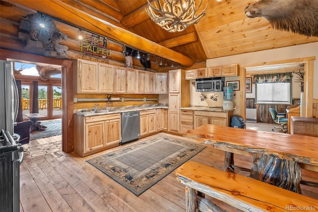 780 Oak St, Hartsel, CO 80449 - kitchen with stainless steel appliances, wood ceiling, light brown cabinets, a chandelier, and light wood finished floors