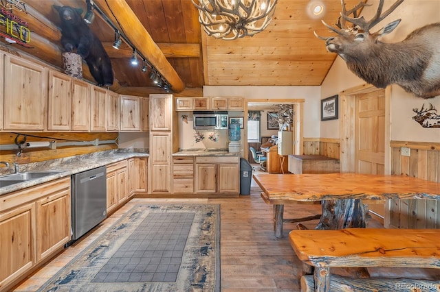 780 Oak St, Hartsel, CO 80449 - kitchen with appliances with stainless steel finishes, wood ceiling, wainscoting, a chandelier, and light brown cabinetry