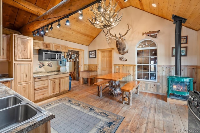 780 Oak St, Hartsel, CO 80449 - kitchen featuring a wood stove, stainless steel microwave, wooden ceiling, a wainscoted wall, and lofted ceiling
