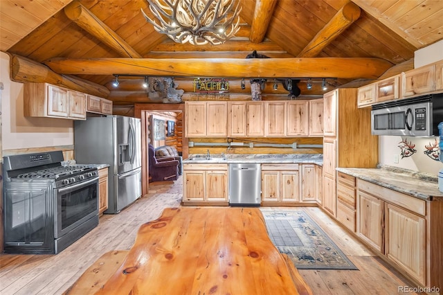 780 Oak St, Hartsel, CO 80449 - kitchen featuring stainless steel appliances, wooden ceiling, light wood-style flooring, light brown cabinetry, and rustic walls