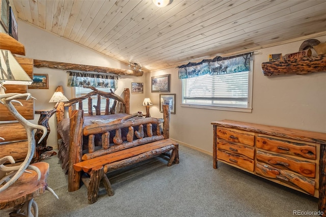 780 Oak St, Hartsel, CO 80449 - bedroom featuring carpet flooring, wood ceiling, and vaulted ceiling