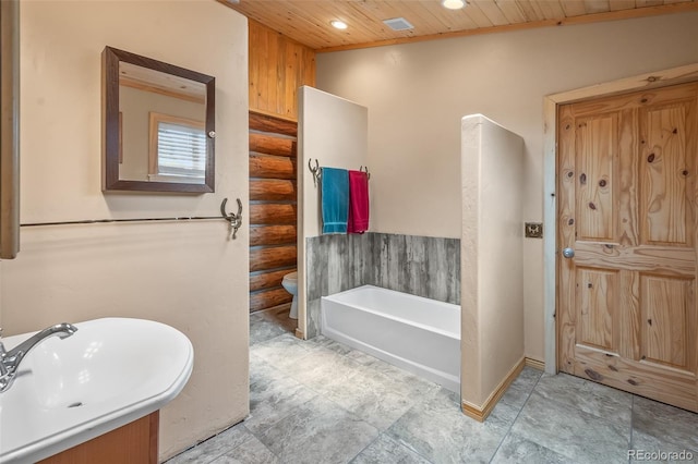 780 Oak St, Hartsel, CO 80449 - full bathroom featuring log walls, wooden ceiling, recessed lighting, a garden tub, and vanity