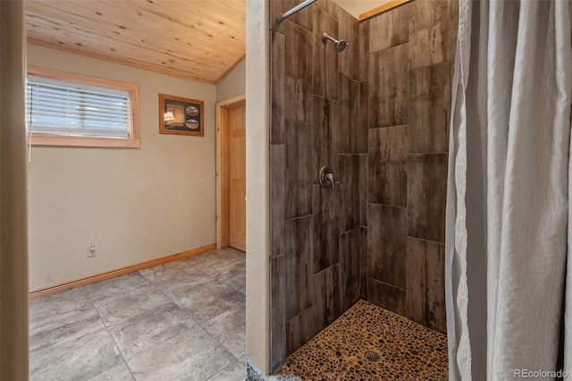 780 Oak St, Hartsel, CO 80449 - full bathroom with tiled shower, wooden ceiling, and lofted ceiling