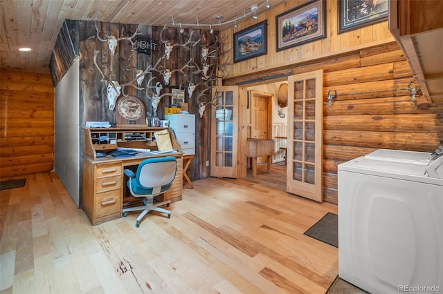 780 Oak St, Hartsel, CO 80449 - office area featuring french doors, separate washer and dryer, wooden ceiling, hardwood / wood-style flooring, and wood walls