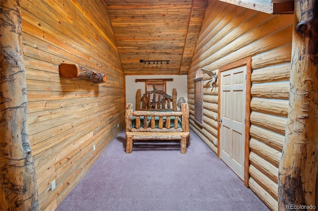 780 Oak St, Hartsel, CO 80449 - hallway featuring wood ceiling, wood walls, carpet, and lofted ceiling