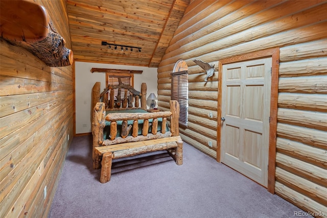 780 Oak St, Hartsel, CO 80449 - carpeted bedroom with wood ceiling, lofted ceiling, and rustic walls