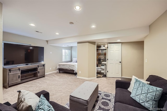 living room featuring light carpet