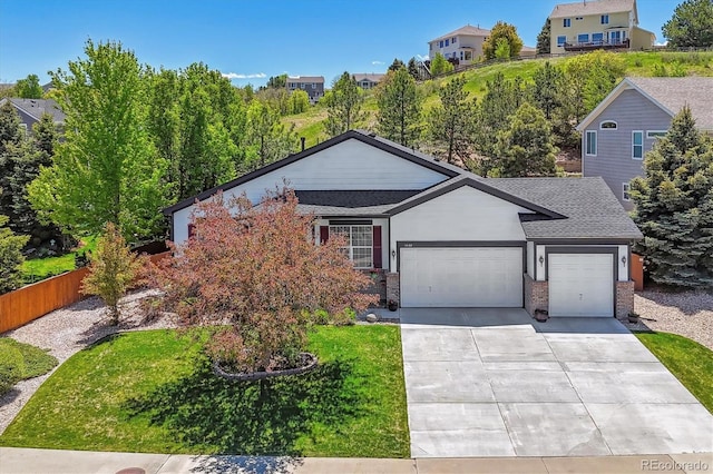 1488 Baguette Dr, Castle Rock, CO 80108 - ranch-style house with an attached garage, driveway, a shingled roof, and brick siding