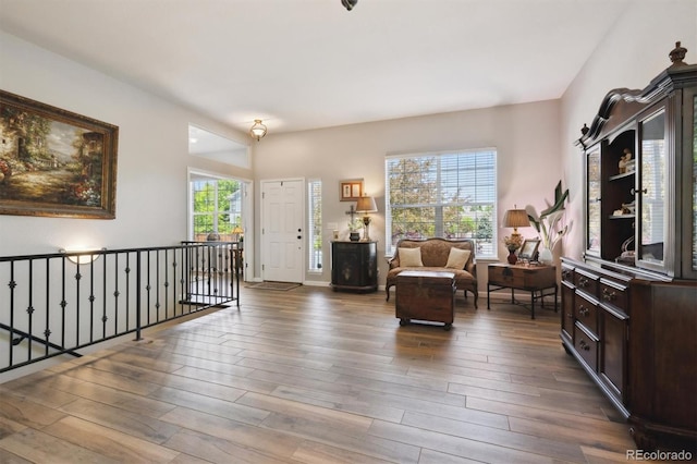 1488 Baguette Dr, Castle Rock, CO 80108 - living area with wood-type flooring and an upstairs landing