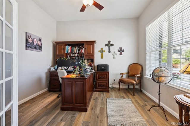 1488 Baguette Dr, Castle Rock, CO 80108 - office area featuring a ceiling fan, light wood-style floors, and baseboards