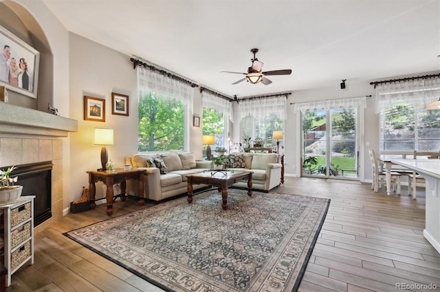 1488 Baguette Dr, Castle Rock, CO 80108 - living area with a ceiling fan, wood-type flooring, a fireplace, and baseboards
