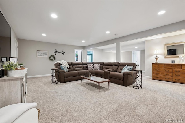 1488 Baguette Dr, Castle Rock, CO 80108 - living room featuring light colored carpet, recessed lighting, and baseboards