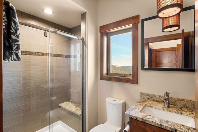 bathroom featuring vanity, toilet, and walk in shower