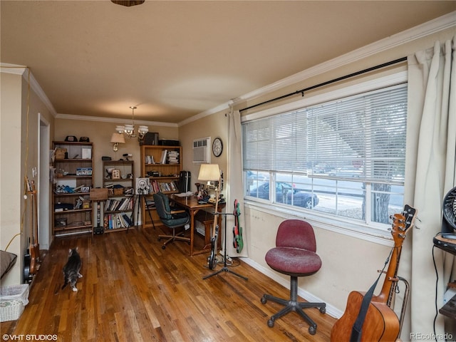 office space featuring hardwood / wood-style flooring, a chandelier, a wall mounted AC, and ornamental molding