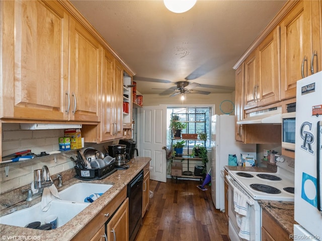 kitchen with light stone counters, white appliances, open shelves, under cabinet range hood, and a sink