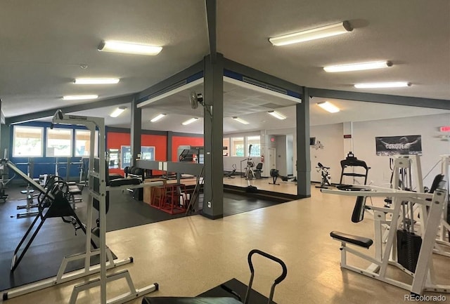 gym with lofted ceiling and a wealth of natural light