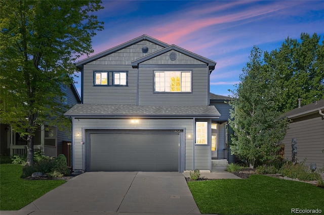 1464 Spotted Owl Way, Highlands Ranch, CO 80129 - view of front of property with an attached garage, concrete driveway, a front yard, and roof with shingles