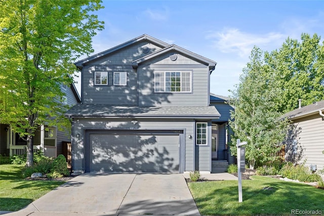 1464 Spotted Owl Way, Highlands Ranch, CO 80129 - traditional-style house with an attached garage, concrete driveway, a front lawn, and a shingled roof