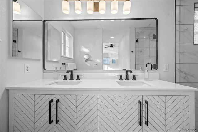 1464 Spotted Owl Way, Highlands Ranch, CO 80129 - full bath featuring double vanity, a stall shower, and ceiling fan