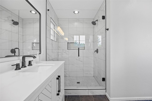 1464 Spotted Owl Way, Highlands Ranch, CO 80129 - bathroom featuring a shower stall, vanity, and recessed lighting