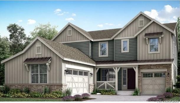 view of front of house with a shingled roof, stone siding, board and batten siding, and covered porch