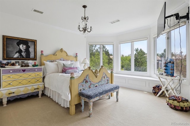 carpeted bedroom with visible vents, ornamental molding, and a notable chandelier