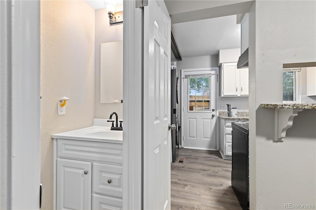 bathroom featuring vanity and wood-type flooring