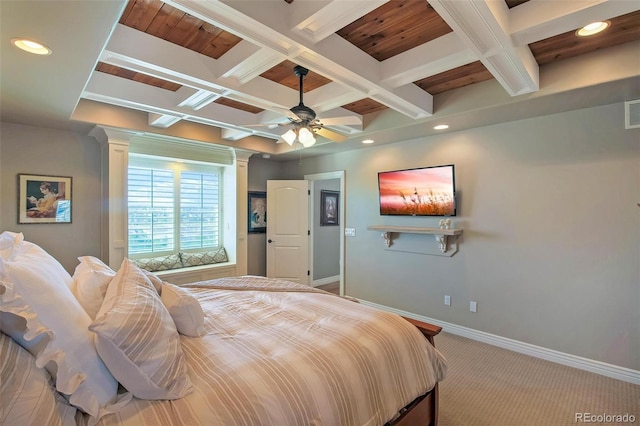 carpeted bedroom with coffered ceiling, baseboards, beamed ceiling, and recessed lighting