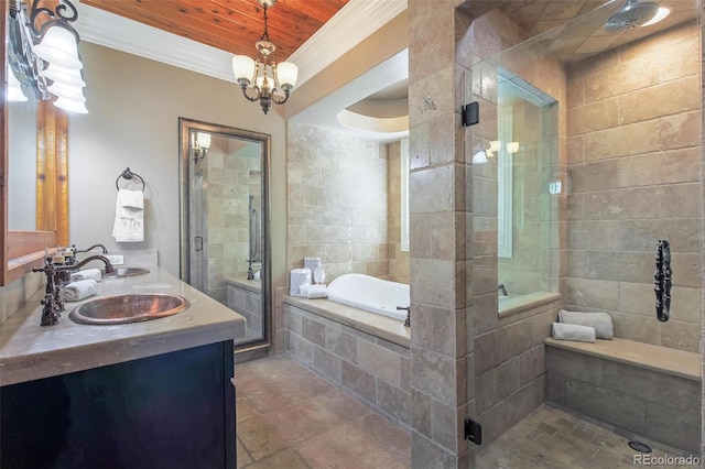 bathroom with crown molding, a shower stall, a bath, wooden ceiling, and double vanity