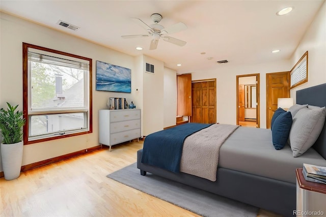 458 S Downing St, Denver, CO 80209 - bedroom featuring light wood finished floors, baseboards, recessed lighting, and a ceiling fan