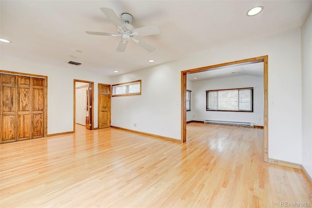 458 S Downing St, Denver, CO 80209 - empty room featuring a baseboard radiator, light wood-type flooring, recessed lighting, baseboards, and a ceiling fan