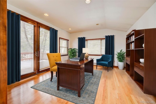 458 S Downing St, Denver, CO 80209 - home office featuring vaulted ceiling and light wood-type flooring