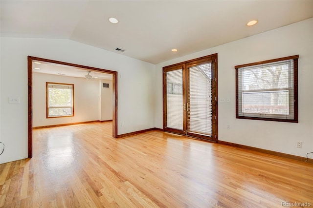458 S Downing St, Denver, CO 80209 - empty room featuring light wood-style floors, vaulted ceiling, baseboards, and recessed lighting