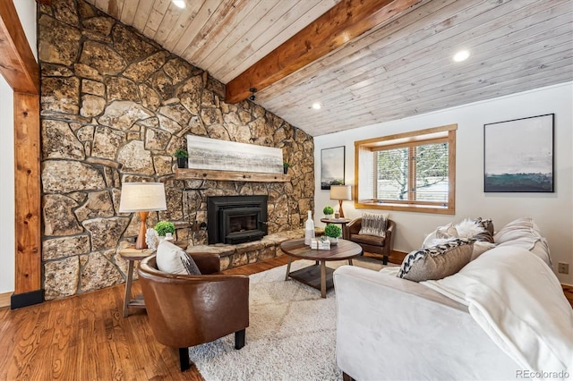 living room featuring wood ceiling, vaulted ceiling with beams, and hardwood / wood-style flooring