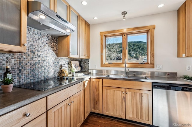 kitchen featuring sink, tasteful backsplash, stainless steel counters, dishwasher, and black electric stovetop