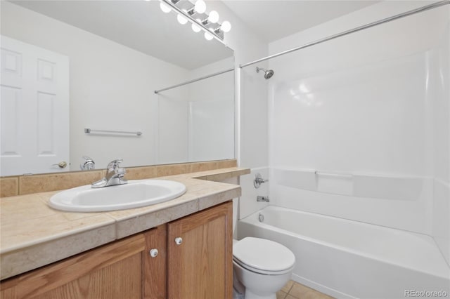 full bathroom with toilet, vanity, bathing tub / shower combination, and tile patterned flooring