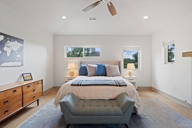 2533 N Emerson St, Denver, CO 80205 - bedroom featuring multiple windows, ceiling fan, baseboards, light wood finished floors, and recessed lighting