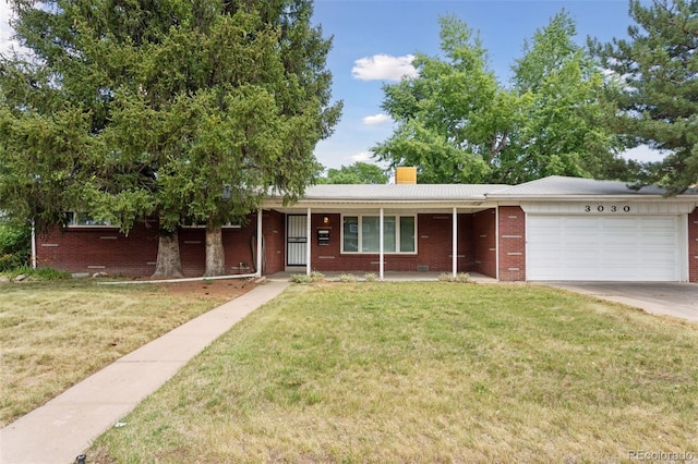3030 S University Blvd, Denver, CO 80210 - single story home with a garage, brick siding, a front yard, driveway, and a chimney