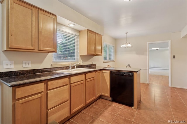 3030 S University Blvd, Denver, CO 80210 - kitchen with dishwasher, a peninsula, light tile patterned flooring, a chandelier, and light brown cabinets