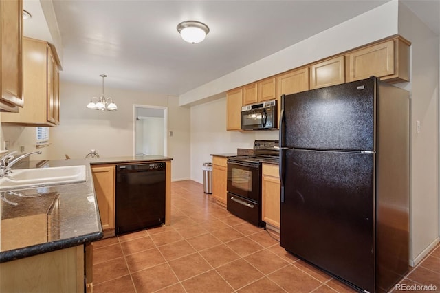 3030 S University Blvd, Denver, CO 80210 - kitchen featuring black appliances, tile patterned flooring, a chandelier, and a peninsula