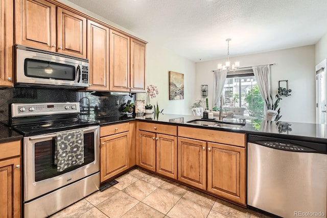 11839 E Fair Ave, Greenwood Village, CO 80111 - kitchen featuring stainless steel appliances, a chandelier, dark countertops, and tasteful backsplash