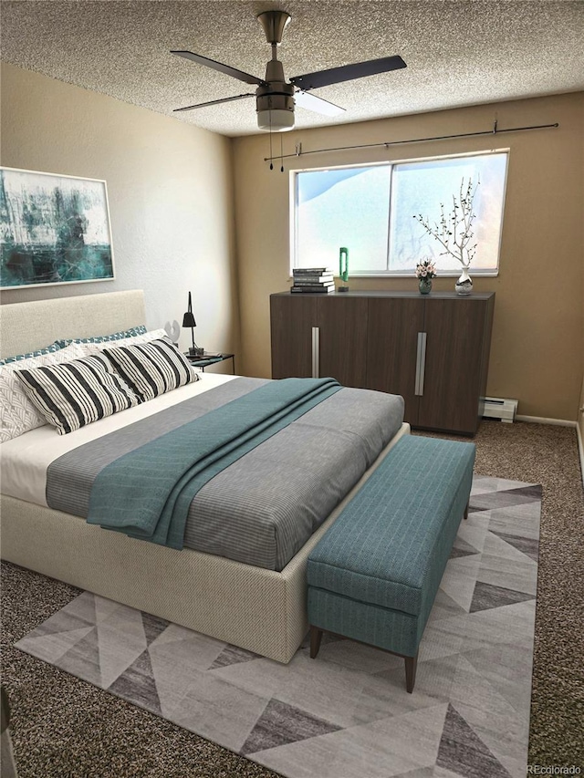 carpeted bedroom with baseboards, baseboard heating, a textured ceiling, and a ceiling fan