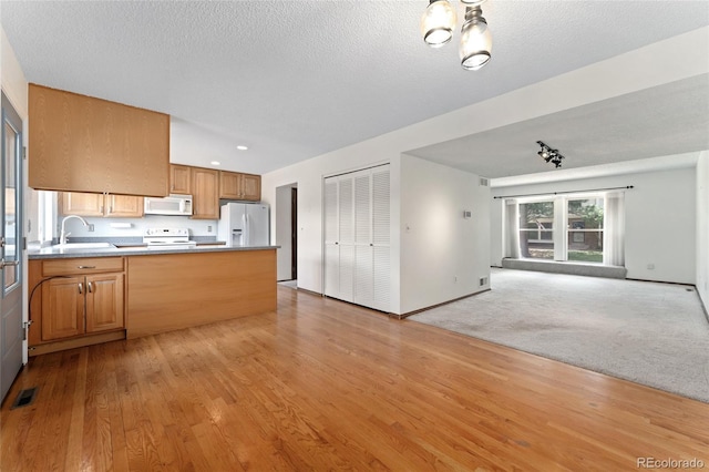 kitchen with a sink, a peninsula, open floor plan, light wood-style floors, and white appliances