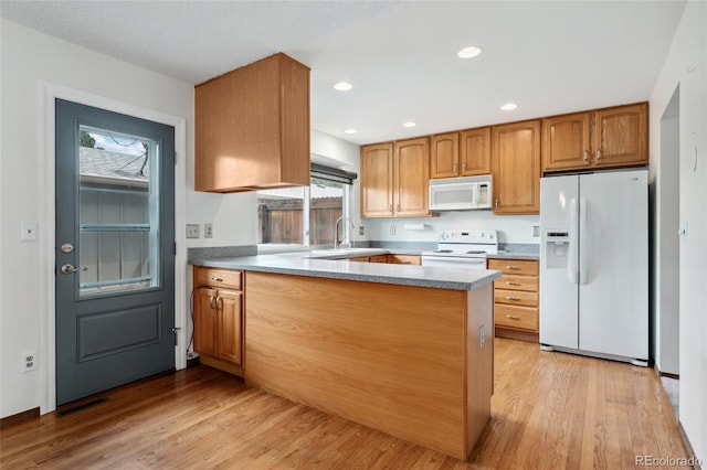 kitchen featuring a sink, light wood finished floors, a healthy amount of sunlight, and white appliances